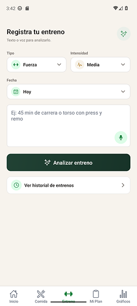 Pantalla de NutriCoach per registrar activitat i entrenament