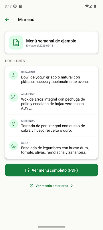Pantalla de NutriCoach mostrant un menú setmanal sintètic