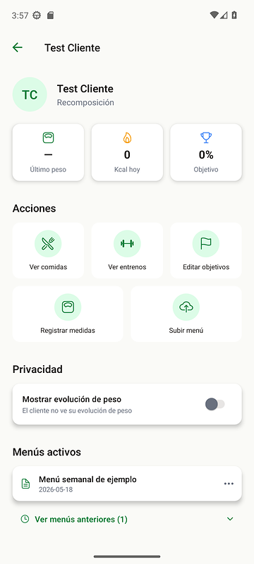 Vista del nutricionista amb el perfil sintètic d’un client