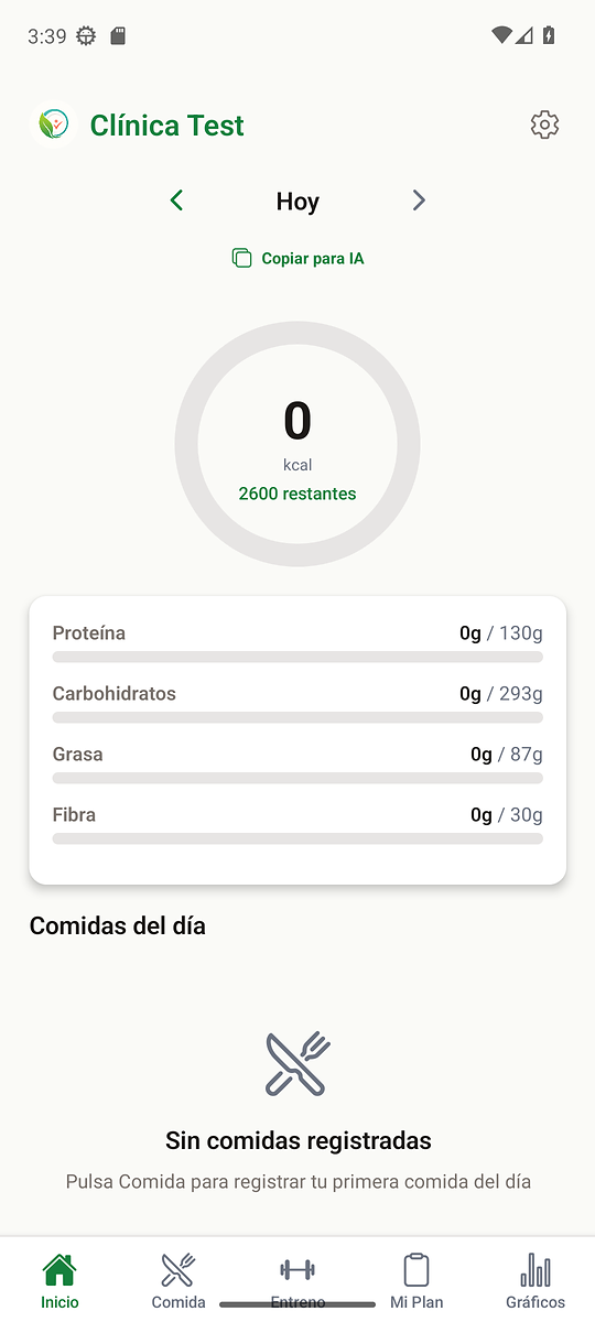 Pantalla inicial de NutriCoach amb el resum diari del client