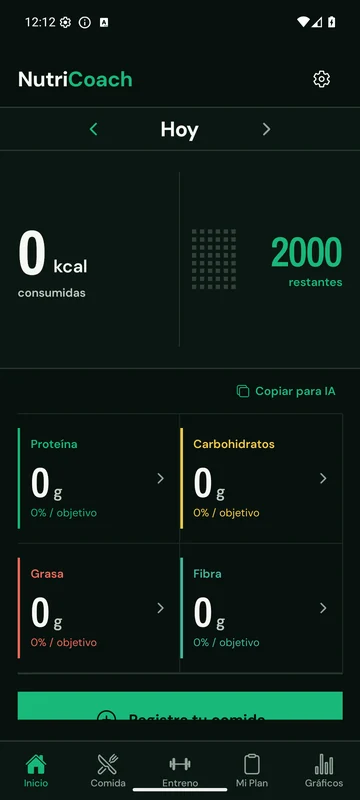 Pantalla real de NutriCoach con el resumen nutricional diario