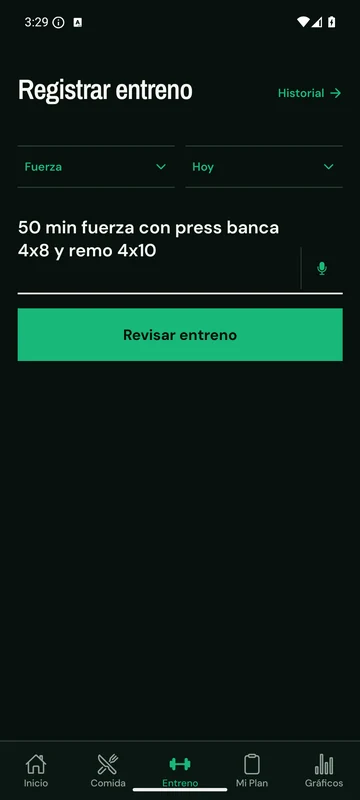Pantalla real de NutriCoach para registrar un entrenamiento