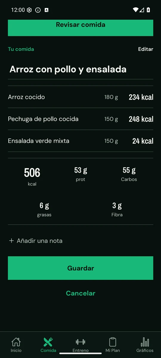 Pantalla real de NutriCoach con el resumen de una comida antes de guardarla